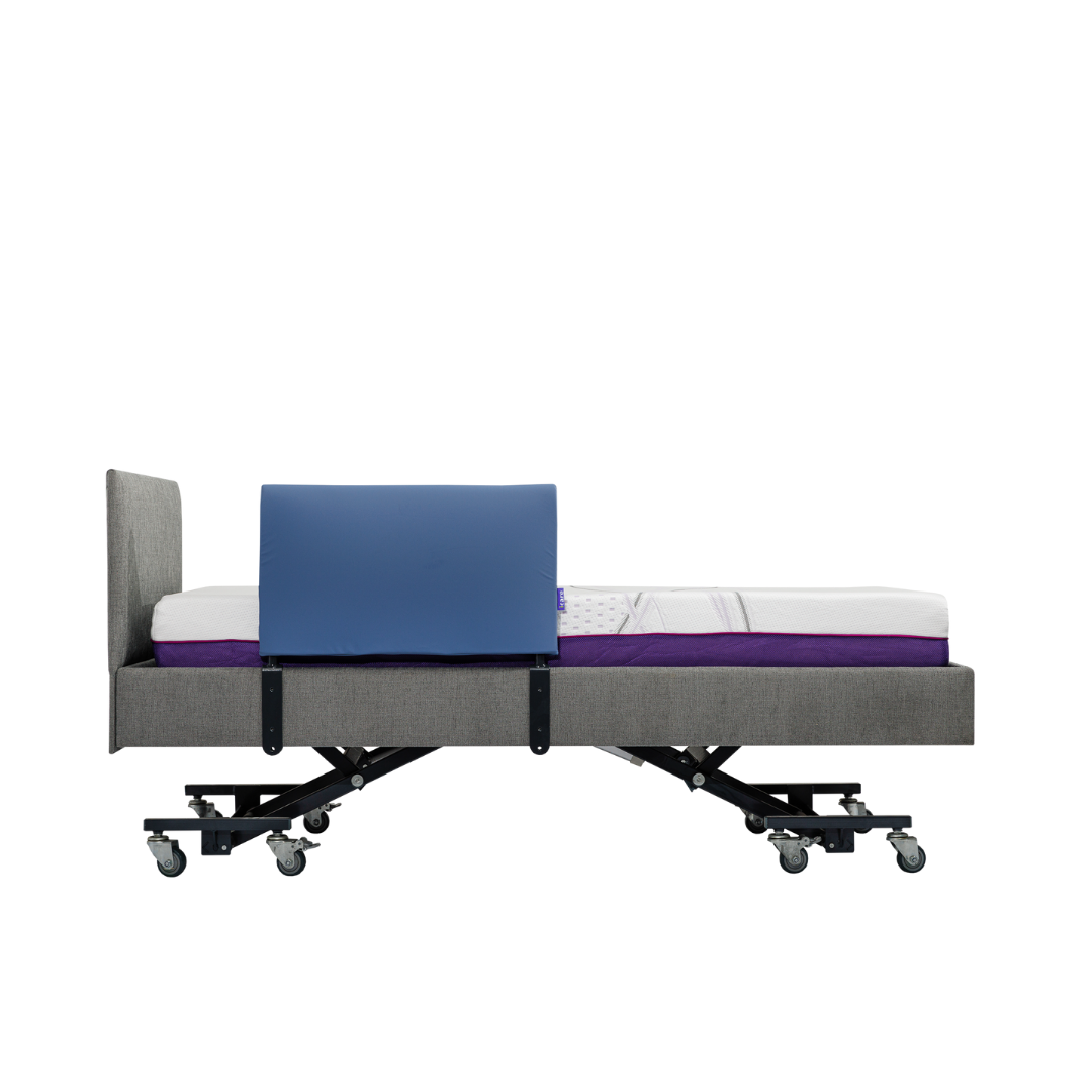 The iCare Medical Bed Safety Rails, shown attached to a hospital-style adjustable bed with a grey frame and white mattress on wheels, feature blue guards for enhanced safety and fall prevention against a white background.